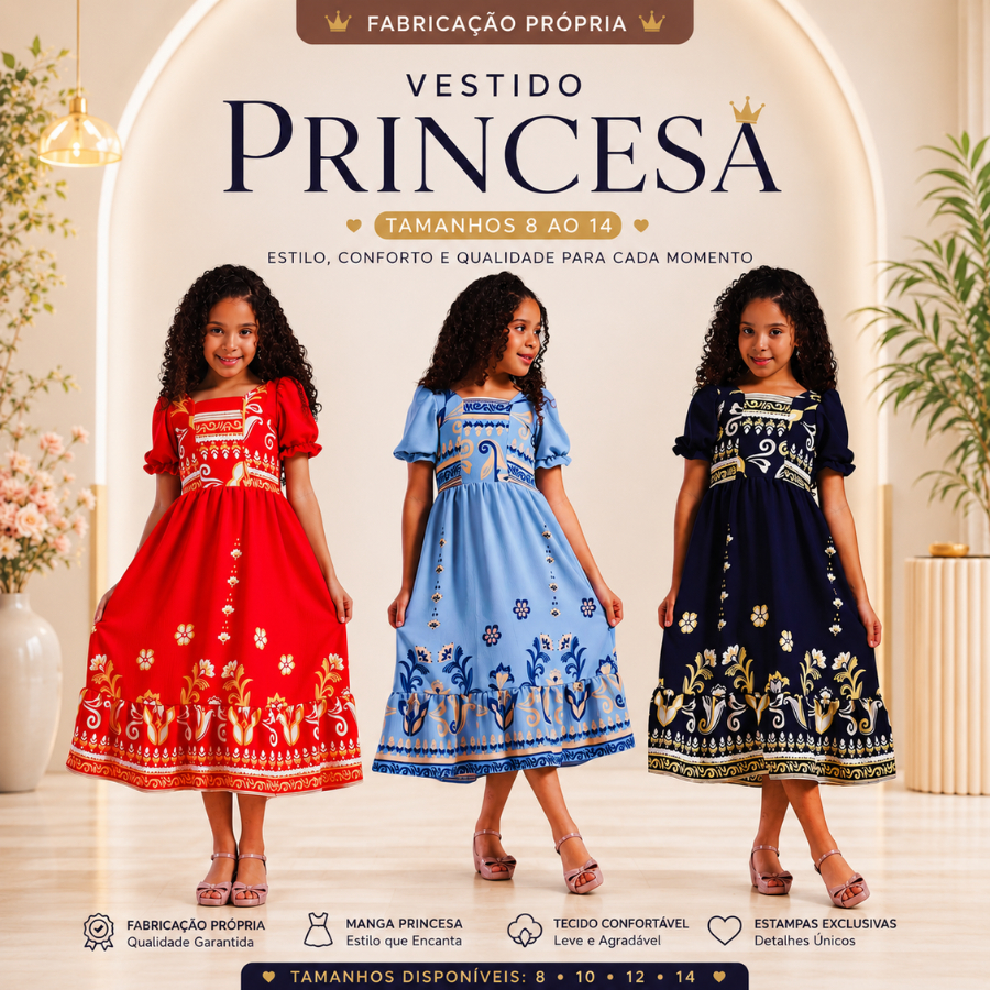 Vestido Longo Infantil Feminino BARRADO Estampado Manga Princesa Tecido Duna Confortável Tam 8 ao 14