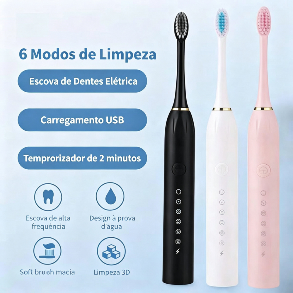 Escova de Dentes Sônica Recarregável USB, 6 Modos e Impermeável
