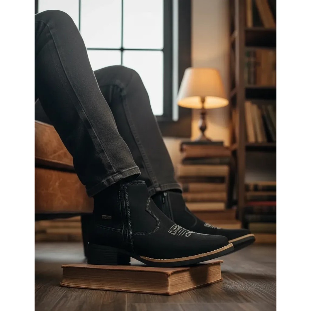 Botina Feminina Para Rodeio Zebu Nobuck Preto 71030 Country Original Em Couro Bovino Bota