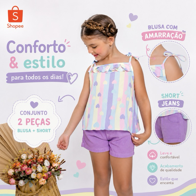 Conjunto Infantil Feminino Menina Estampado Babado Amarração Ajustável Short Jeans com Bolsos Tamanhos 4 ao 10