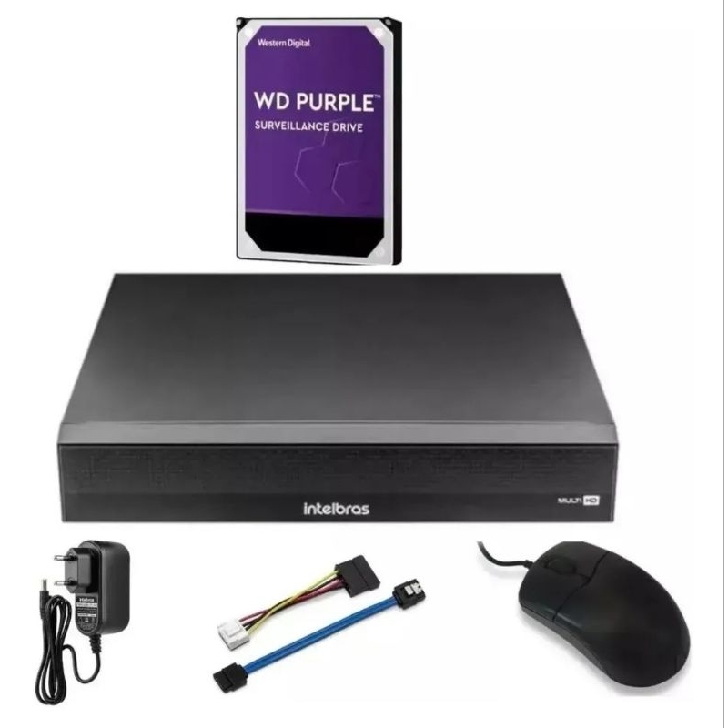 DVR Intelbras MHDX 1208 8 Canais + HD WD Purple 1TB + Fonte 12V 10A + Mouse | Kit Completo CFTV