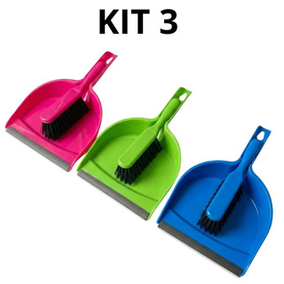 Kit 3 Escova e Pá de Lixo Plástico Resistente Multiuso Cores Sortidas Limpeza Mesa