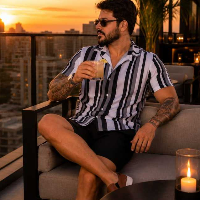 Camisa Masculina Listrada Premium Manga Curta Social Casual Slim Elegante Moda Masculina