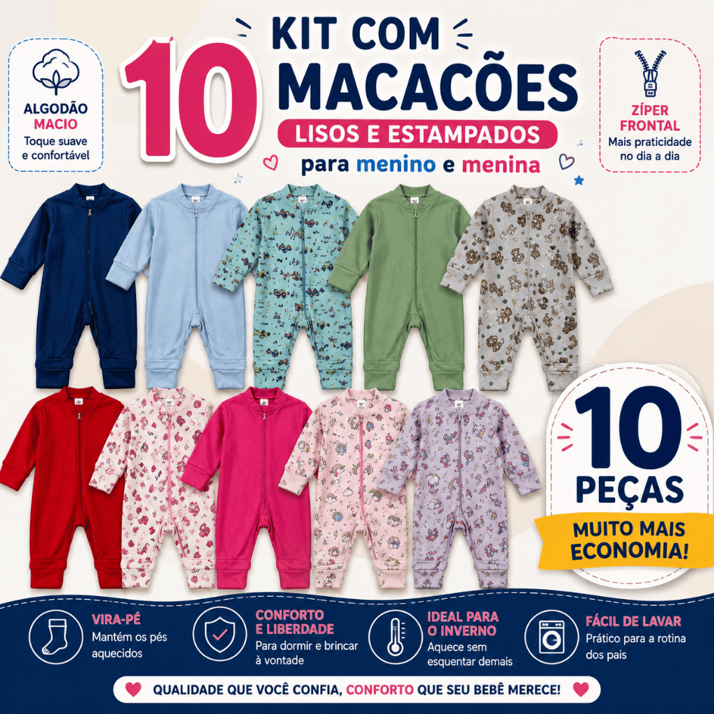 Kit 10 Macacão Zíper Liso Bebê Algodão Suedine Vira Pé Inverno Infantil Macio Macacões