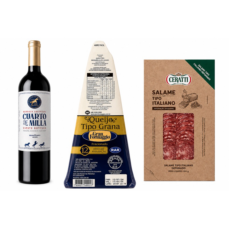 Kit Vinho Malbec Cuarto de Milla 750ml + Queijo Grana 12 Meses + Salame Italiano Ceratti