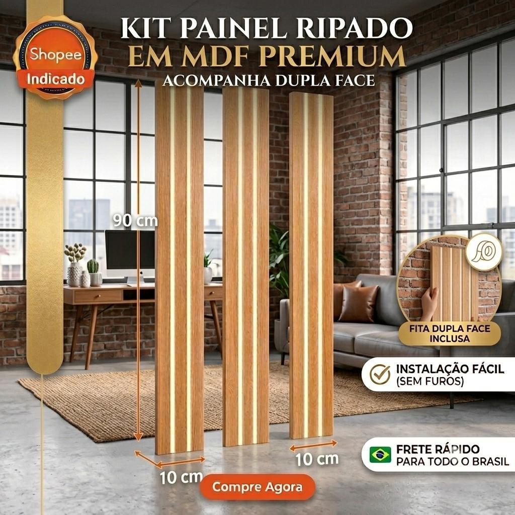 Kit Painel Ripado Até 40 Ripas 90x10 MDF Autoadesivo Fácil Instalação Revestimento Para Parede de TV
