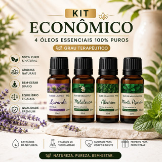 Óleos Essenciais 100% Naturais – Melaleuca, Lavanda, Alecrim e Menta Piperita | Frascos de 20ml