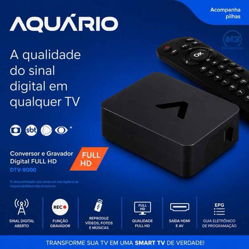 Conversor Digital Aquário DTV-9000 Full HD Gravação USB e Central Multimídia