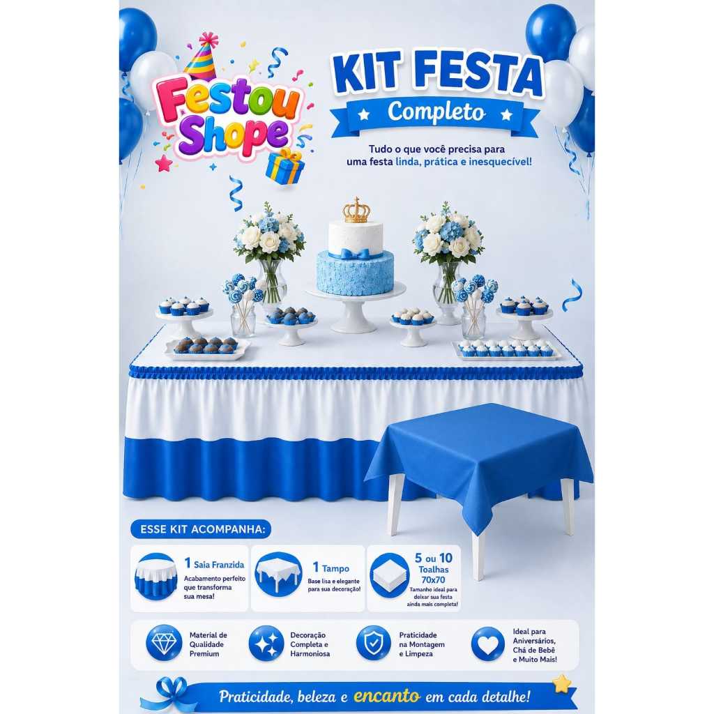 Kit Completo Saia Franzida + Toalha Tampo De Mesa + 10 Toalha Mesa de Convidados TNT P/Festas