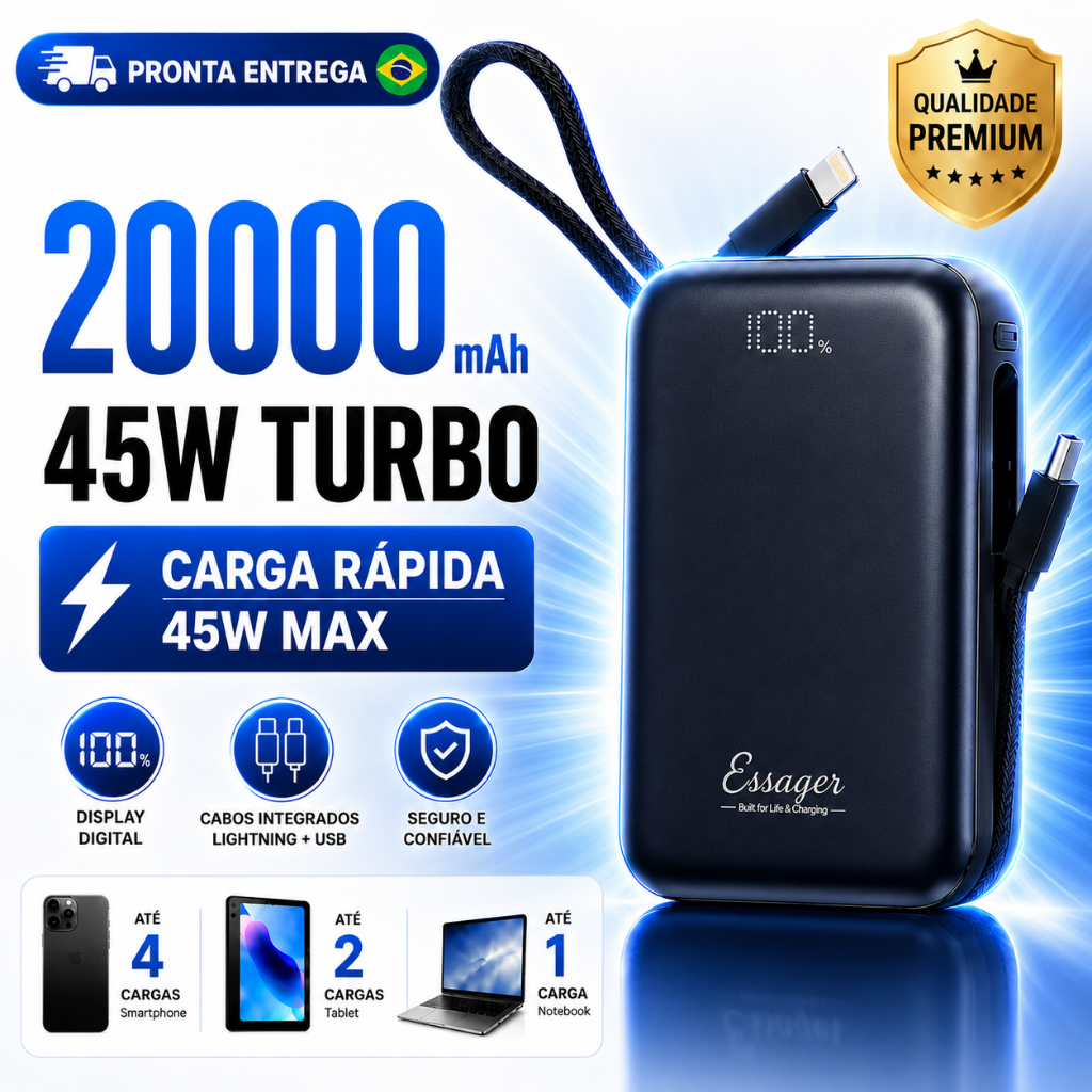 Carregador Portátil Para Celular Samsung iPhone Power Bank 20000mAh Turbo 65W 45W 22.5W Notebook Bateria Portatil