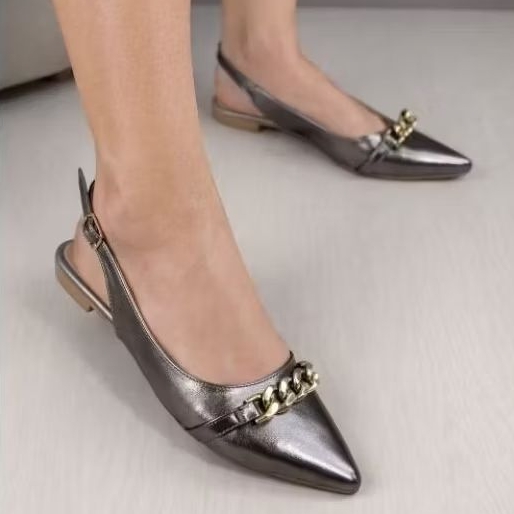Sapatilha Slingback Feminina Corrente Luxo Sapato Feminino Aberto Confort Lançamento Moda Elegante.