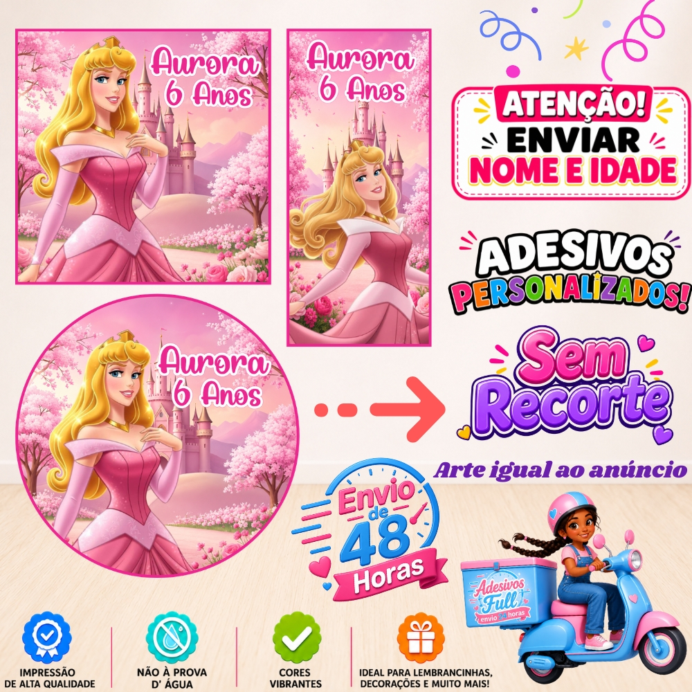Princesa Aurora - 100/60/40 Adesivos Personalizados Lembrancinhas Festa Aniversário