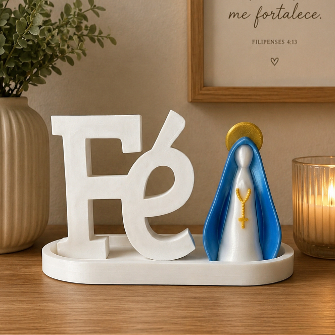 Kit Decorativo Bandeja + Fé + Nossa Senhora Aparecida Decoração Religiosa Católicos