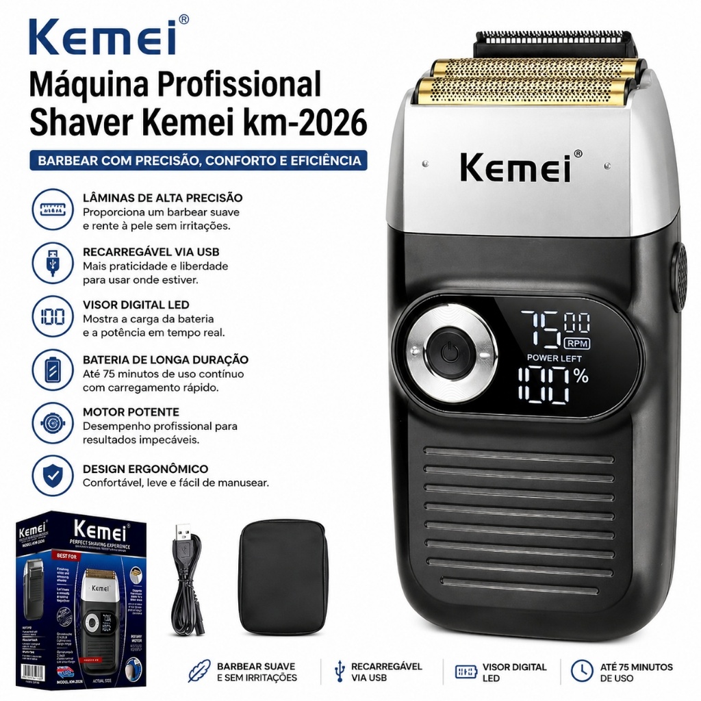 Máquina Shaver Kemei KM-2026 Barbeador Elétrico Profissional Sem Fio Recarregável LCD