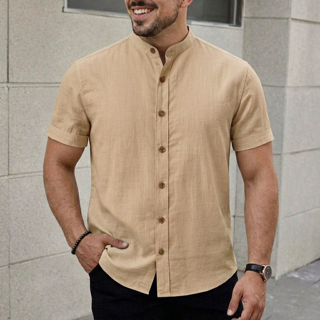 Camisa Masculina Gola Padre Linho Premium Social Elegante Manga Curta Básica