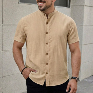 Camisa Masculina Gola Padre Linho Premium Social Elegante Manga Curta Básica
