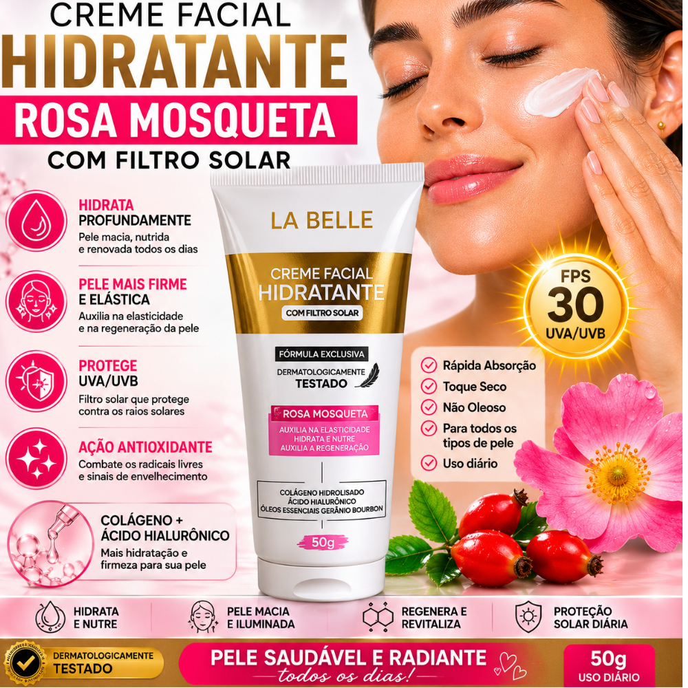 Creme Facial Rosa Mosqueta Hidratante com Filtro Solar FPS 30 50g La Belle Paris