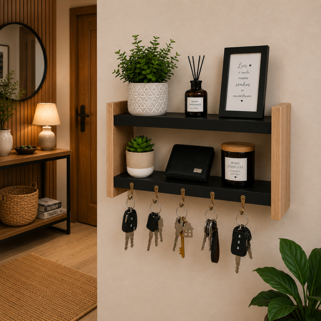 Porta Chaves de Parede com Prateleira Organizador MDF Branco 5 Ganchos Decorativo