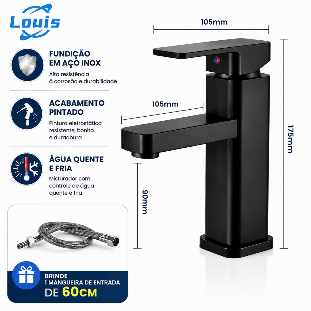 Louis Torneira Louis Banheiro Inox Monocomando Moderna Baixa, Misturador Cromada para Lavatório