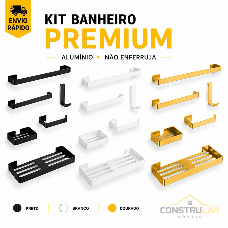 Banheiro Premium 6 Peças Alumínio Premium Porta Toalha Saboneteira Preto Branco Dourado