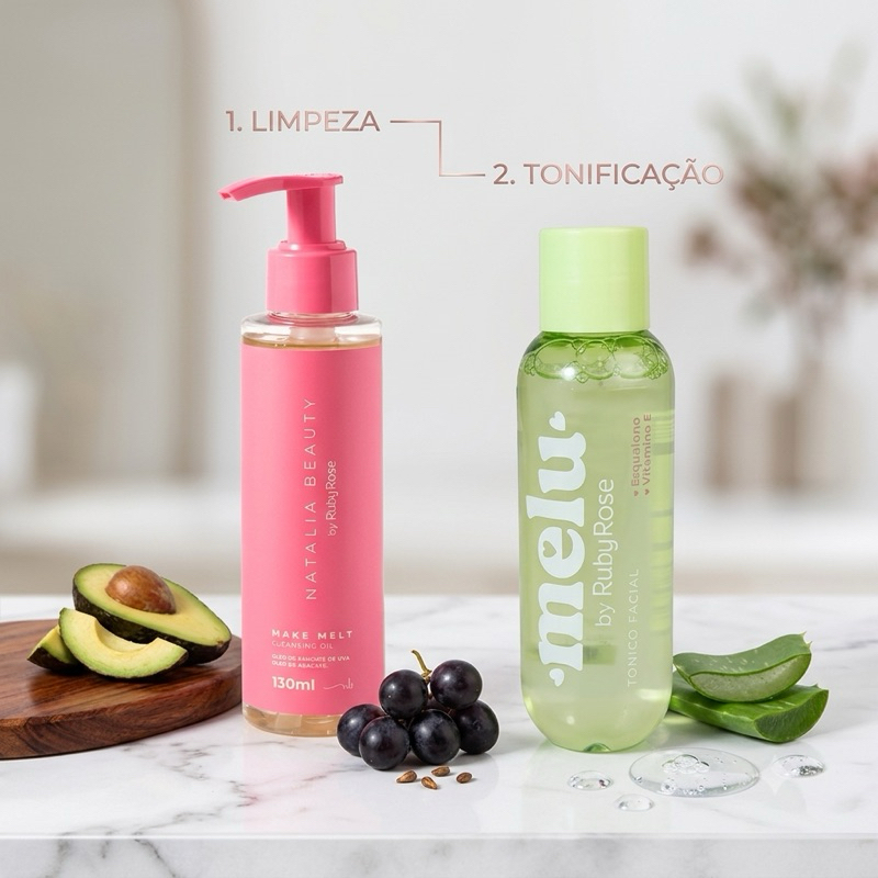 COMBO PELE DE PÊSSEGO: Cleansing Oil Make Melt Natalia Beauty + Tônico Facial Melu by Ruby Rose