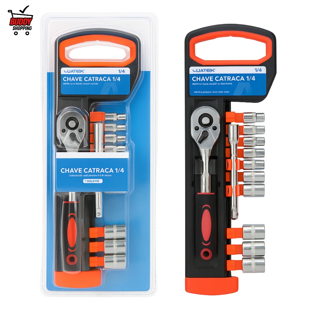 Kit Chave Catraca Reversivel 1/4 Com 10 Soquetes Extensor Ferramentas Aco CRV Automotivo Luatek