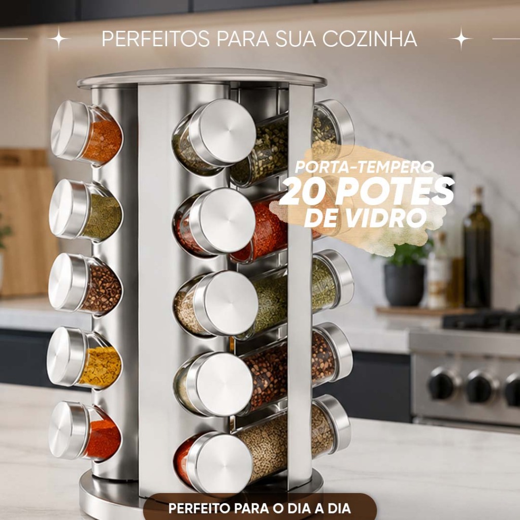 Porta Tempero Redondo 20 Potes Condimento Inox + Suporte Giratório + ADESIVO E CANETA