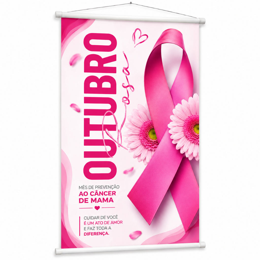 Banner Outubro Rosa Câncer De Mama Conscientização produzido em lona. Cartaz Hospital Escola Empresa Clínica Pub1081