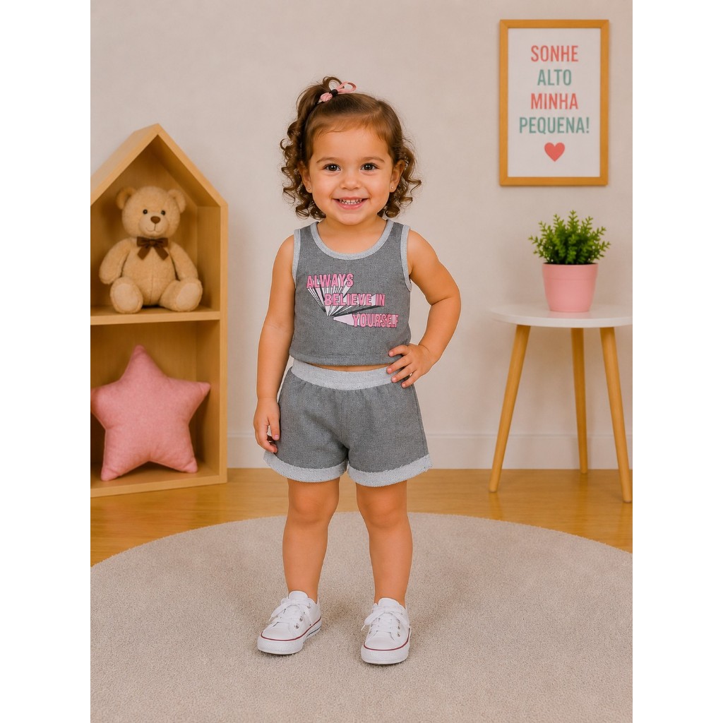 ✨ Conjunto Infantil Feminino Rovitex Cropped Regata + Short Cinza Verão Menina