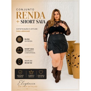 Conjunto Plus Size Feminino De Short Saia Couro Fake e Blusa Renda Sofisticada