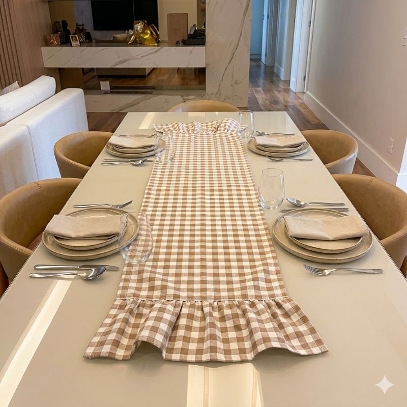 Toalha Centro Caminho Trilho de Mesa Babado Oxford Tinto Xadrez FarmHouse Decorativa 1,40m x 0,40