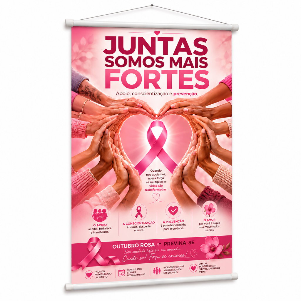 Banner Outubro Rosa Câncer De Mama Prevenção Saúde produzido em lona. Cartaz Evento Escola Hospital Clinica Pub1103