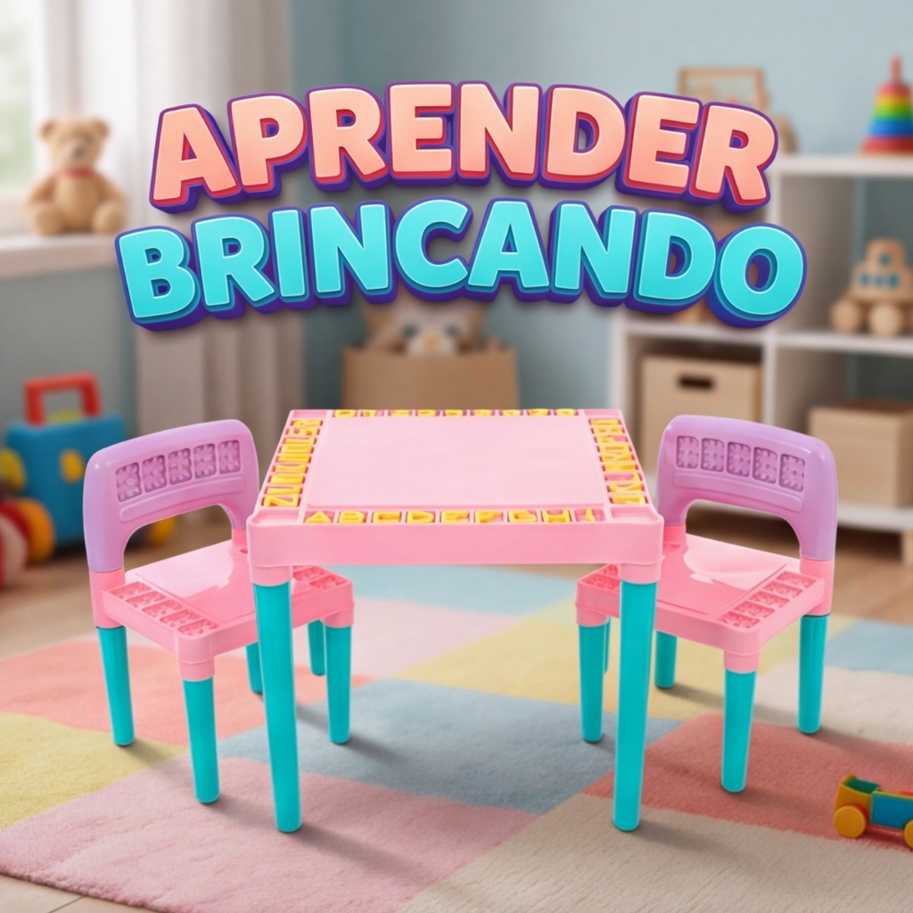 Mesa Educativa Infantil 2 Cadeiras Para Crianças Menina Brinquedo e Aprendizado