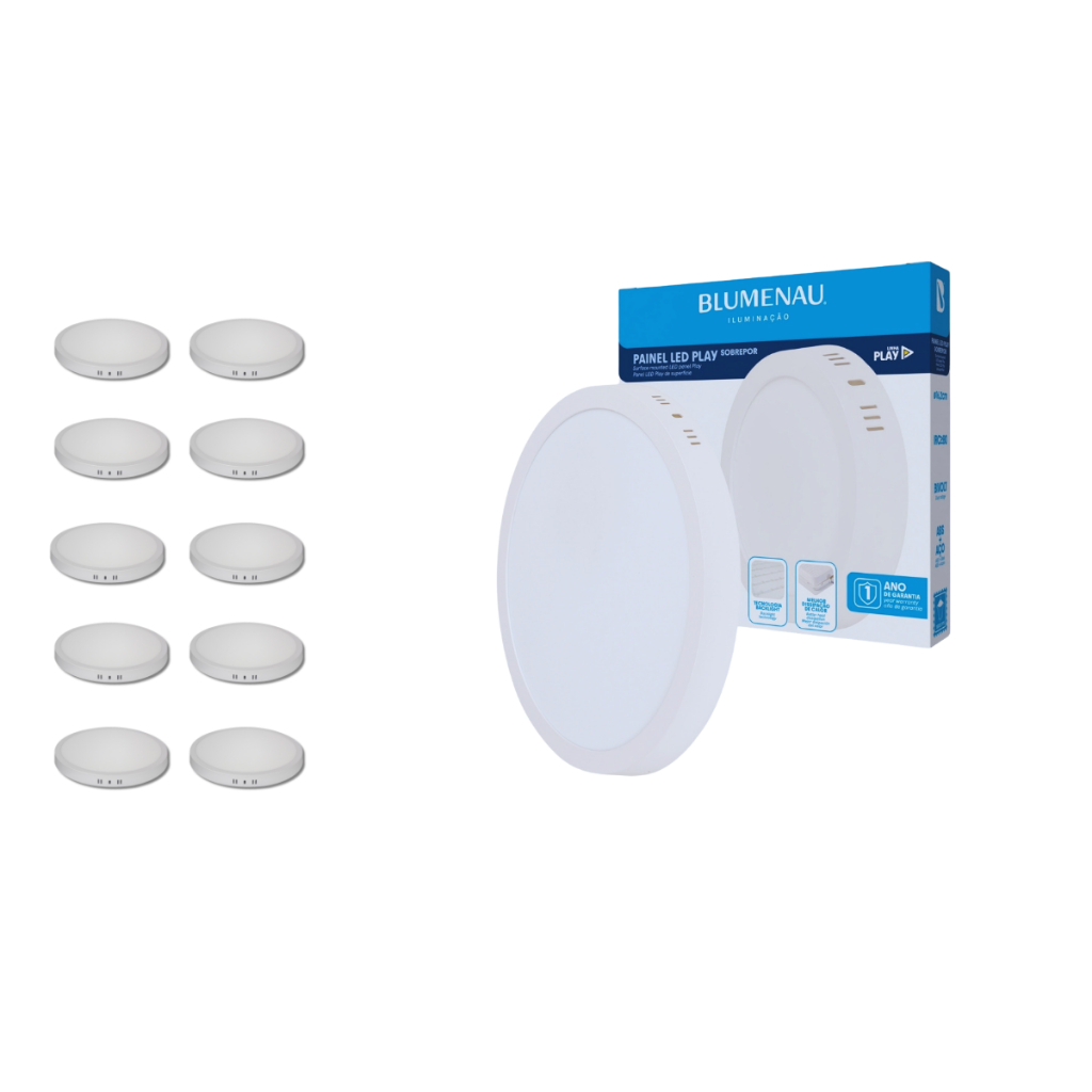 Kit 10 Painel Plafon Led Redondo Sobrepor 24w Play Blumenau Iluminação 6500k ou 4000k ou 3000k