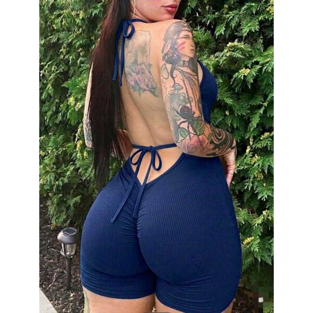 Macaquinho Franzido Curto Feminino Canelado Macacão Justo jardineira Academia Casual Sexy empina bum bum Slim fit