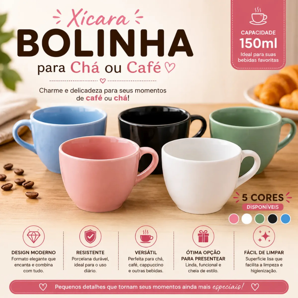 Kit 6 Xícaras Bolinha De Porcelana 150ml Para Café E Chá