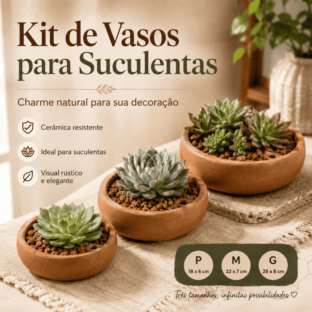 Kit 3 Vasos Mini Suculentas em Cerâmica Barro Tipo Bacia Jardim Decoração Tamanhos P M G