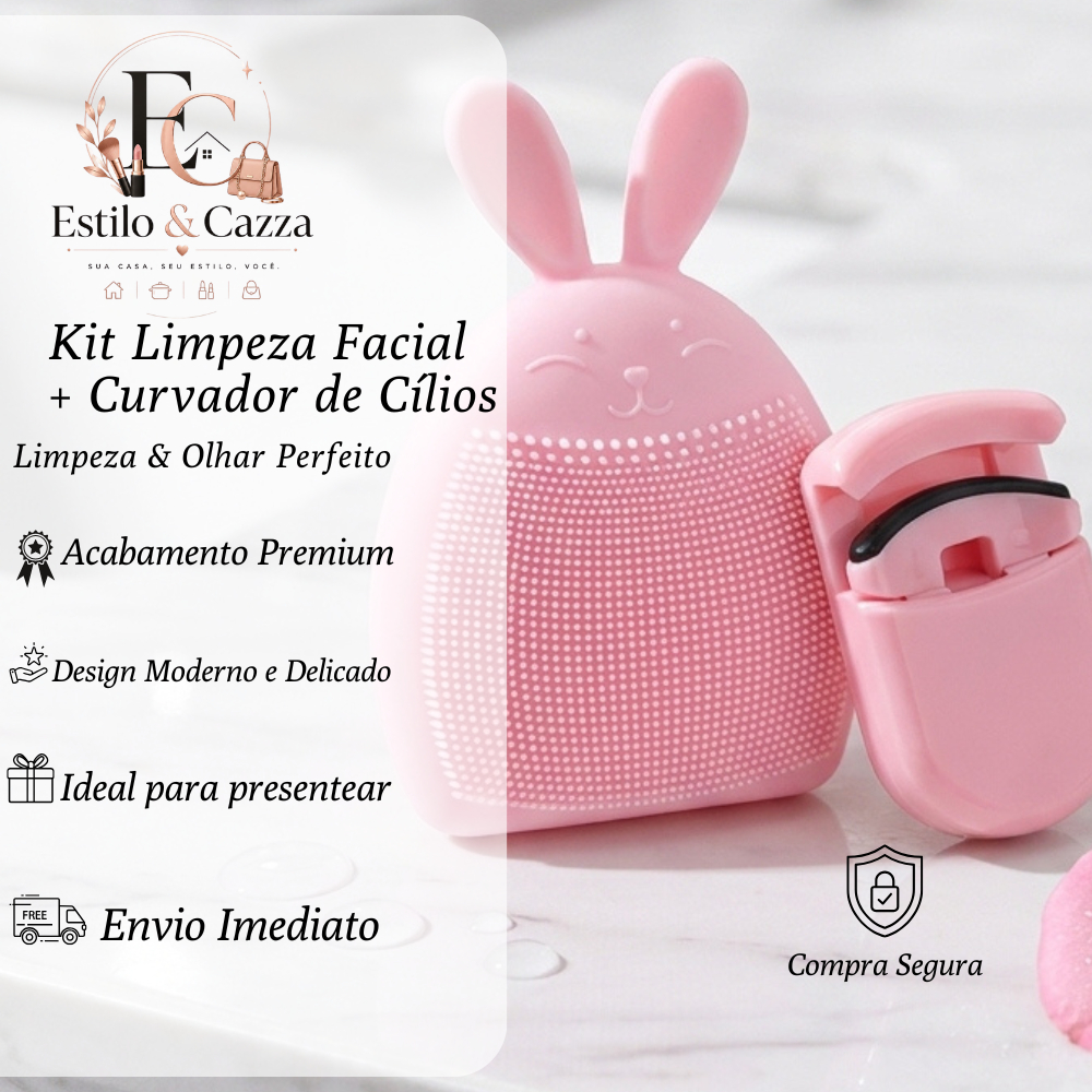 Kit Skincare Escova Facial Silicone Massageadora + Curvador de Cílios
