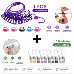 KIT Mini Cabide Gancho+Linha Varal De Roupa De Secagem Multifuncional De 180cm Com 12 Clipes