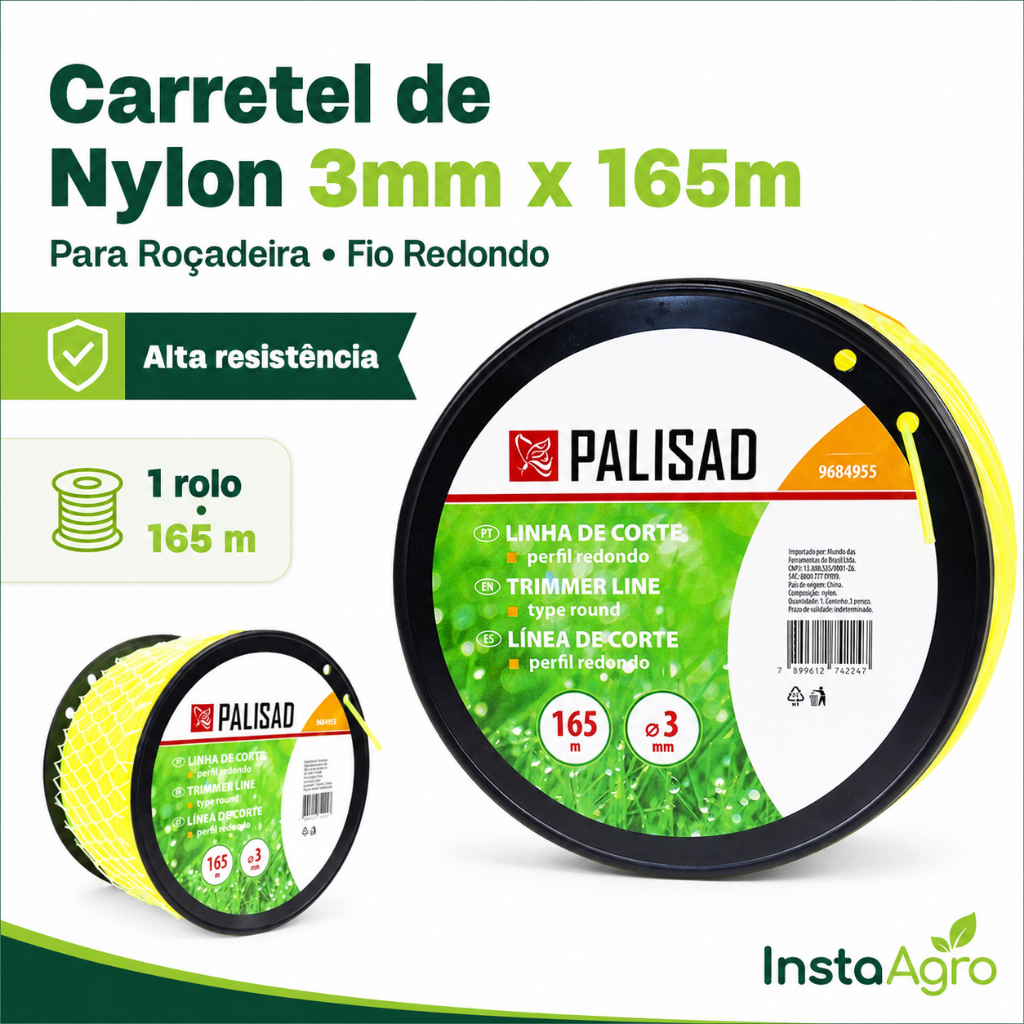 Carretel De Nylon Para Roçadeira Palisad 3mm X 165m Fio Redondo Alta Durabilidade Corte Grama