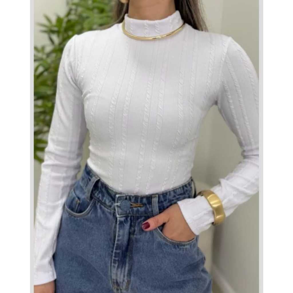 Detalhes do Body Feminino Gola Alta Manga Longa Comprida em Tecido Rivana