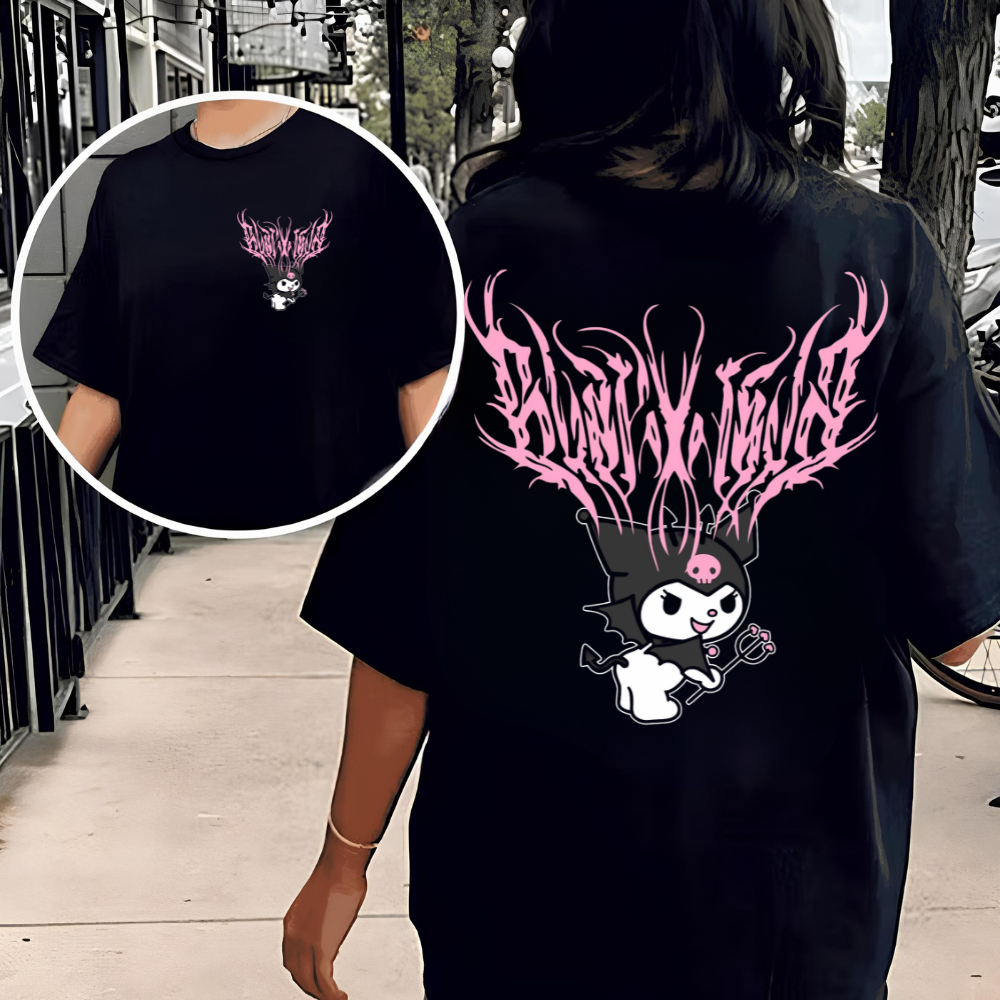 Camiseta Basica Estampada Kuromi Peito E Costa Camisa Feminina 100% Algodão Premium Confortável Desenho Animado
