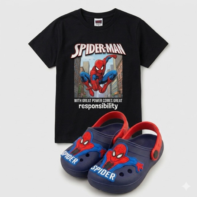 Kit Infantil Homem-Aranha: Camiseta Algodão (2 a 16) + Sandália Crocs (21 ao 32)