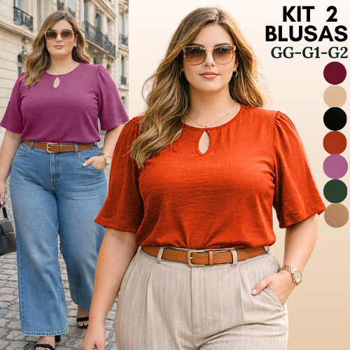 KIT 2 BLUSAS PLUS SIZE FEMININA ELEGANTE BLUSAS CONFORTÁVEL MODA FEMININO BÁSICA BLUSINHA FEMININA FRESQUINHA PARA VERÃO