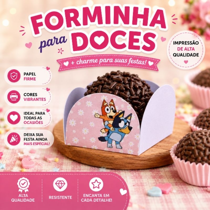 50 a 200 Forminhas Personalizadas BLUEY ROSA Doce Brigadeiro Festa Aniversário Decoração Todos os Temas