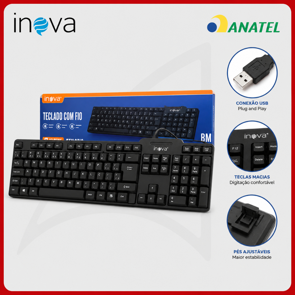 Teclado com fio USB Silencioso para Computador Notebook Original Inova