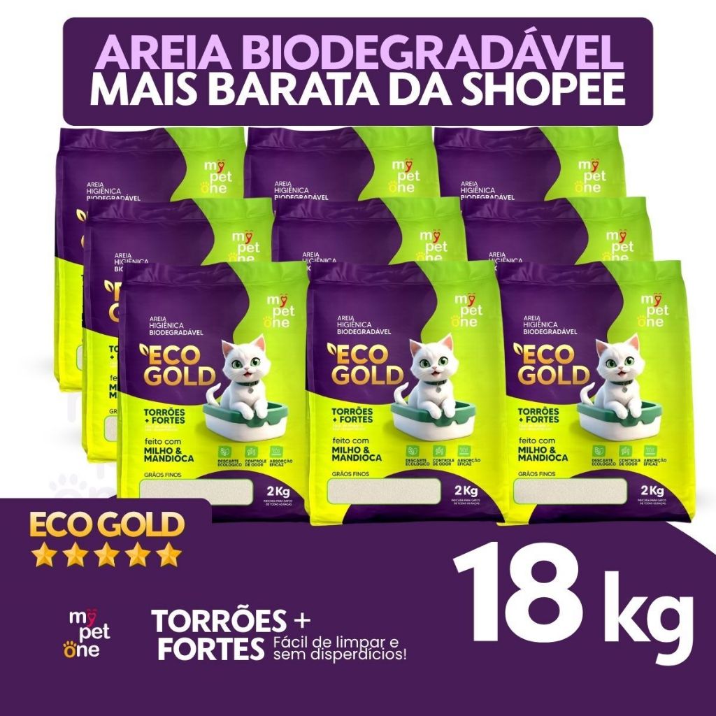 Kit 9 Areia Areia Biodegradável Gatos Eco Gold Fina MyPetOne - 18Kg