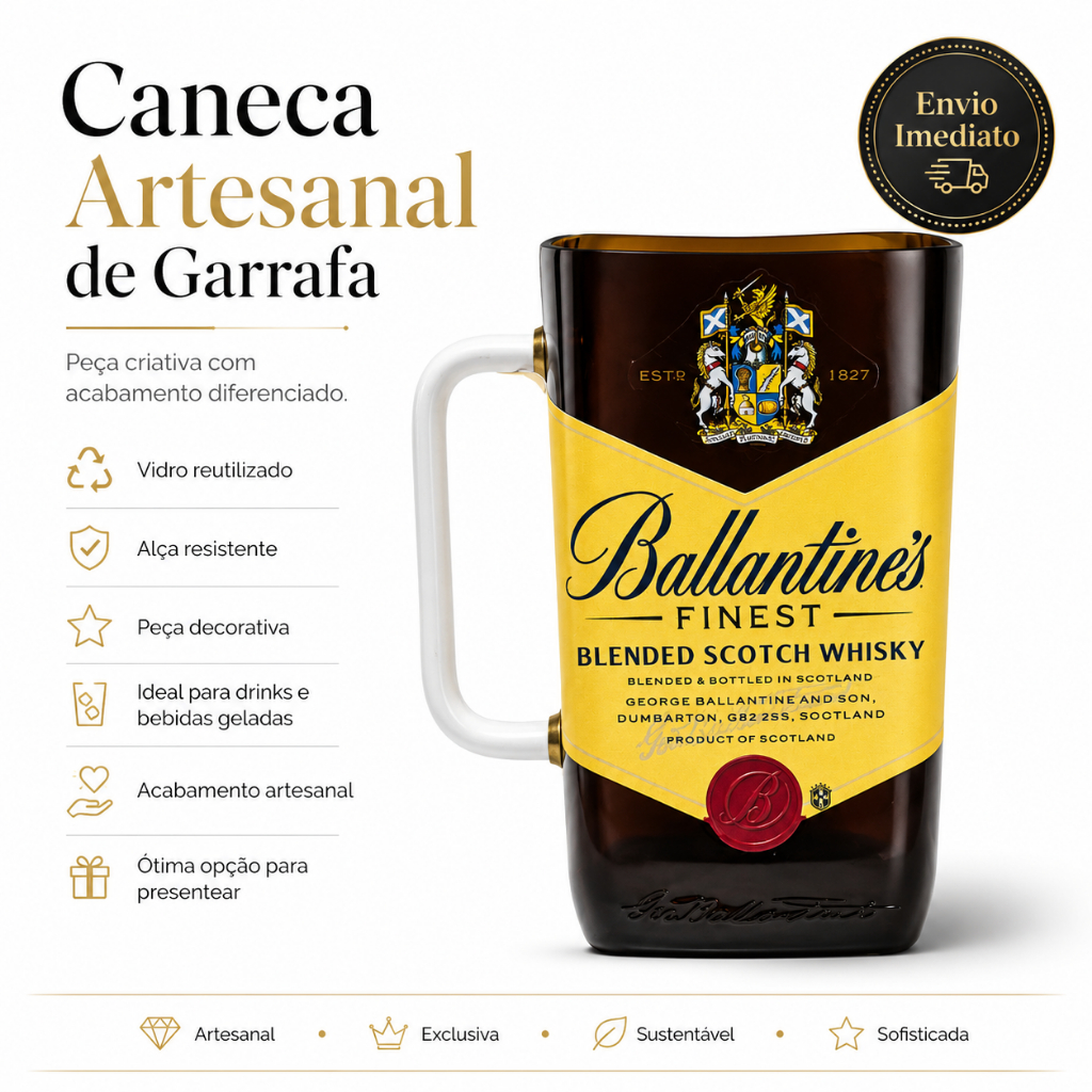 Caneca Artesanal De Garrafa Ballantines Whisky Alca Branca Sustentavel Envio Imediato
