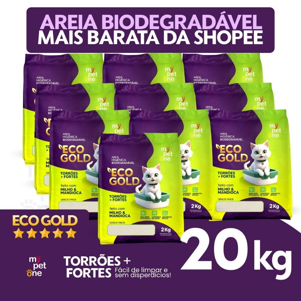 Kit 10 Areia Biodegradável Milho e Mandioca para Gatos Cat Bio Eco Gold Grãos Finos MyPetOne - 20Kg