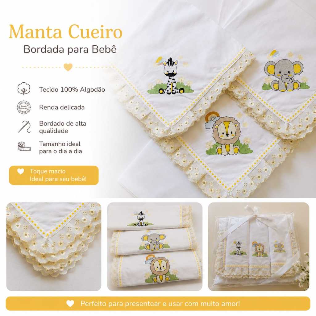 KIT MANTA CUEIRO 3 PEÇAS BORDADO 100% ALGODAO SAFARI